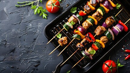 Grilled vegetable and meat skewers in a herb marinade on a grill pan, top view