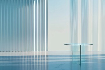 a glass table in a room with a window and blinds