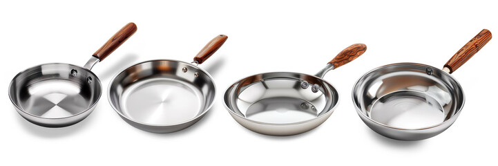 Clean, stainless steel skillet with a polished wooden handle isolated on a transparent background 

