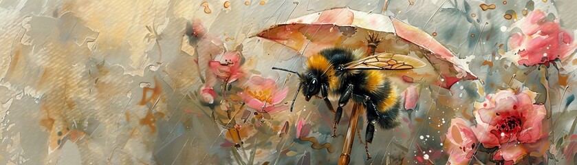 Dreamlike depiction of a bee under a rose petal umbrella, whimsical watercolors with a touch of fantasy