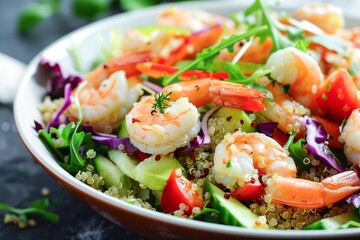 Colorful Shrimp and Quinoa Salad With Fresh Vegetables Served for Healthy Lunch