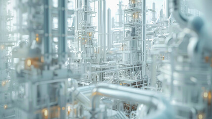 Obraz premium This image shows a detailed 3D rendering of an industrial chemical plant with a complex network of pipes, tanks, and structures, in a silver-toned color scheme.