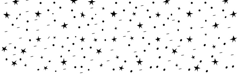 Hand drawn simple sprinkle seamless pattern with black confetti and stars on white background. Vector Illustration for holiday, party, birthday, invitation.