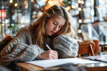 Young Woman Concentrating on Writing Notes at a Cozy Café Table During Afternoon
