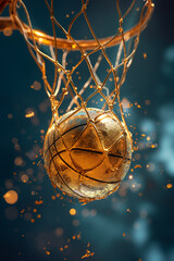 A gold basketball into the basket