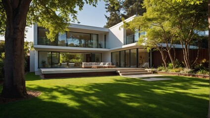 Green Sanctuary, Very Modern House with a Front Garden, Glowing in Sunlight with a Flourishing Lawn and Leafy Canopy