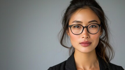 businesswoman wearing glasses, with a serious expression