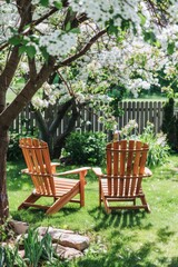Obraz premium Retreat With Wooden Chairs Under Blossoming Tree