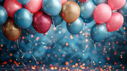 Festive figurative setting depicting gracefully embedded blue balloons and confetti, denoting any type of joyful event exquisite occasion and space, Generative AI.