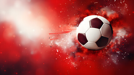 3D rendering of a black and white soccer ball burning with hot flames on a red background under a spotlight background.