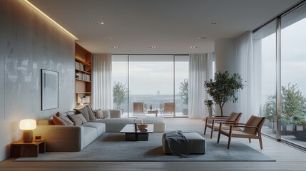 Apartment living room with overcast side lighting, featuring a tranquil and minimalist interior style with minimal decor. Generative AI.