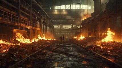 inside a high-temperature incinerator plant where industrial waste is being burned, with flames visible and workers monitoring the process.