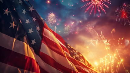 a vibrant backdrop of fireworks exploding in the night sky, the USA flag waves triumphantly, adorned with shades of red, white, and blue. The celebratory atmosphere of 4th July Independence Day