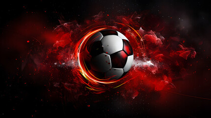 Fototapeta premium 3D rendering of a black and white soccer ball burning with hot flames on a red background under a spotlight background.