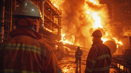 inside a high-temperature incinerator plant where industrial waste is being burned, with flames visible and workers monitoring the process.