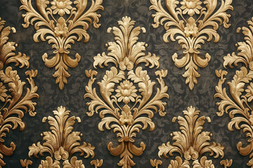 An intricate pattern of damask on an old wall, gold and dark blue tones. Created with Ai