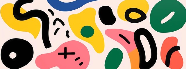 Doodle colorful lines in seamless pattern.  Abstract art background vector design with childish doodles, leaves, dots in bright colors.  Examples of textile or fabric print designs.