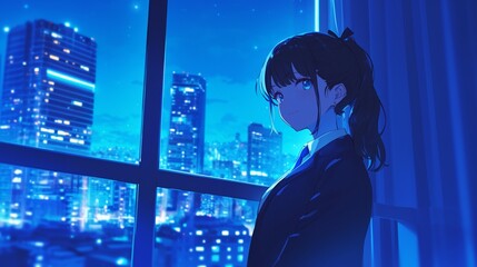 窓の外を眺めるビジネスウーマン、夜景30