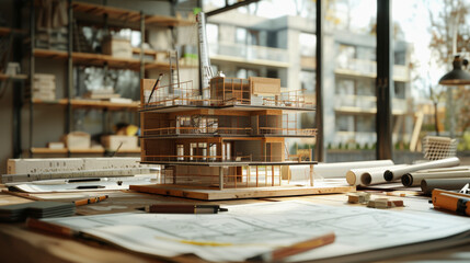 Obraz premium A detailed architectural model of a building surrounded by blueprints, pencils, and rulers on a table, depicting a professional architect's workspace.