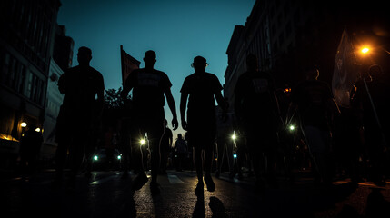 Under the glow of streetlights, African American activists march through city streets on Juneteenth night, their silhouettes illuminated against the darkness
