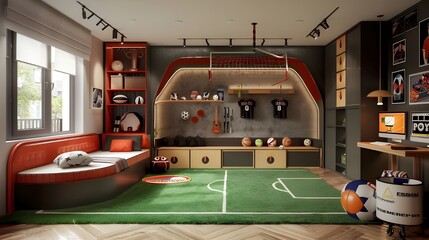 interior design ideas of bedrooms for kids, modern and unique ideas for bedrooms, sports themed bedroom, kids' bedroom design ideas