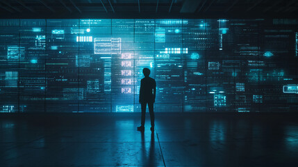A person standing in front of a giant digital screen with a flow of data