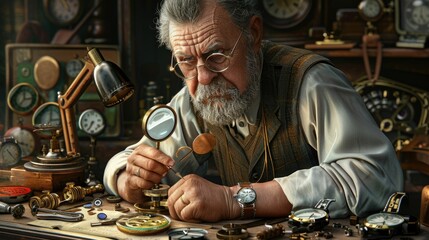 The picture of the adult professional watchmaker working inside workshop that has been filled with various kind of clock and watch, watchmaker need to use concentration and accuracy fix clock. AIG43.