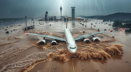Extreme flood in airport, many planes and aircrafts are washed away by rapid flows of water, heavy rain. Aerial high view. Generative AI.