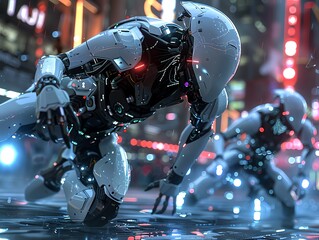 Fototapeta premium Capture a futuristic dance battle between robots and humans using dynamic CG 3D techniques, with the camera angle positioned low to the ground to enhance the intensity and movement