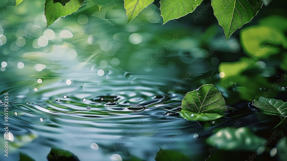 Aufkleber green leaves on water surface. beautiful water ripple background for product presentation. copy spac