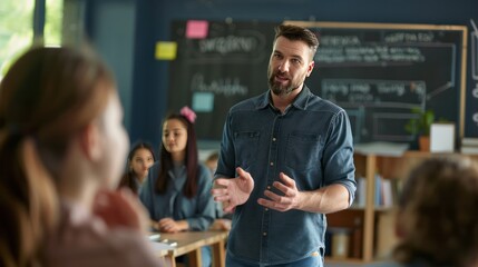   passionate teacher explaining a complex concept to a group of attentive students in a well-lit classroom 