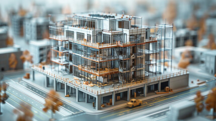 A miniature model of an urban construction site with scaffolding, a partially built structure, and blurred small figures indicative of bustling city activity.