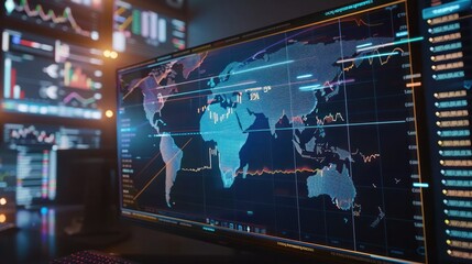 Obraz premium large stock market chart displayed on a high-resolution monitor, showcasing global market trends with vibrant colors and clear lines. 
