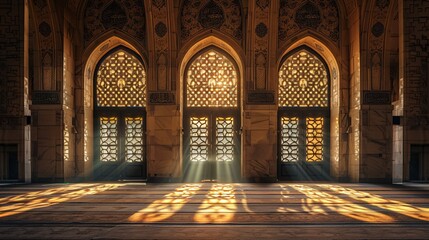 a room with arched windows and sunlight coming through the windows