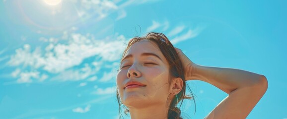 A Studio Shot Of A Woman Enjoying Post-Relaxation, Isolated Against A Blue Sky Color Background, Radiates With A Sense Of Calm And Serenity, Background HD For Designer 