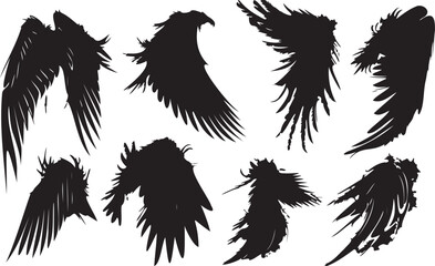 Set of wings icons black silhouette on white background 
