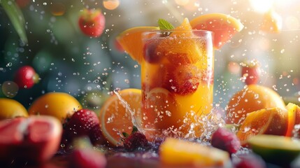 Tropical Blend, A mixture of tropical fruit juices in a glass, with the fruits visually melting into each other.