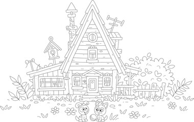 Funny little kitten and puppy playing with a ball in a yard of a pretty village house in countryside on summer vacation, black and white vector cartoon illustration for a coloring book