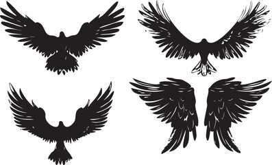 Set of wings icons black silhouette on white background 