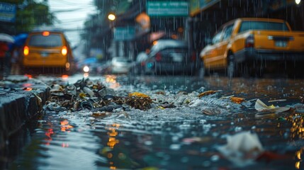 Urban Runoff During Rainy Season: Show a bustling urban street during a heavy rain, with water flowing into a storm drain filled with debris and pollutants.  - obrazy, fototapety, plakaty