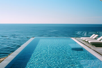 Fototapeta premium Swimming pool and sun loungers at stylish tropical spa hotel, summertime banner mockup. Summer travel sales and vacation concept.