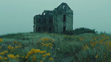   An old, abandoned structure perches atop a verdant field brimming with golden wildflowers and towering grasses