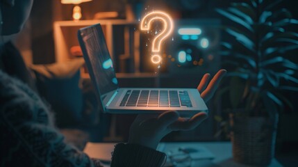 a hand holding a laptop with a question mark