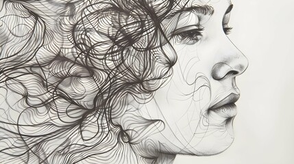 A mesmerizing portrayal of a womans head comprising intricate lines and delicate dots, capturing the essence of femininity and inner beauty