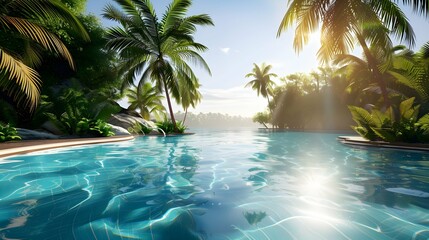 Fototapeta premium A luxurious pool glistens in the sun, surrounded by lush palm trees. The tranquil blue water invites relaxation and escape from the outside world 