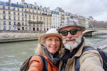 Selfie of happy senior couple taking holiday in Paris.