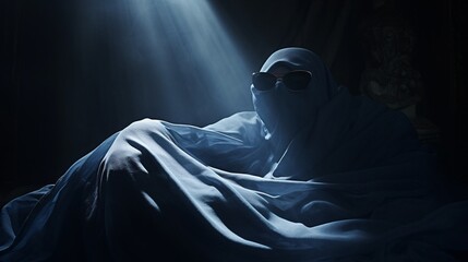a person wrapped in a blanket with sunglasses