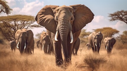 elephant herd grazing peacefully on the African savanna, 