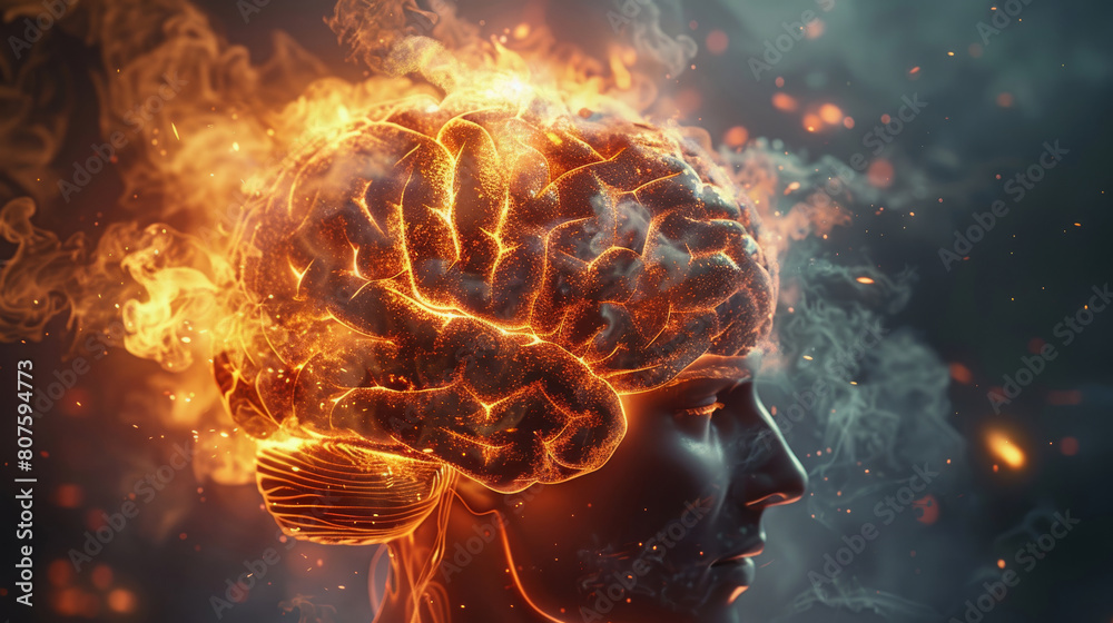 Poster very realistic brain on fire. generative ai.