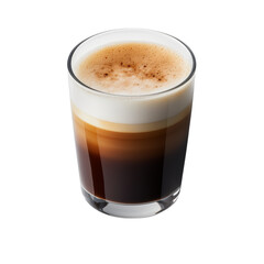 A photo of a delicious-looking coffee drink with a frothy top in a clear glass cup.